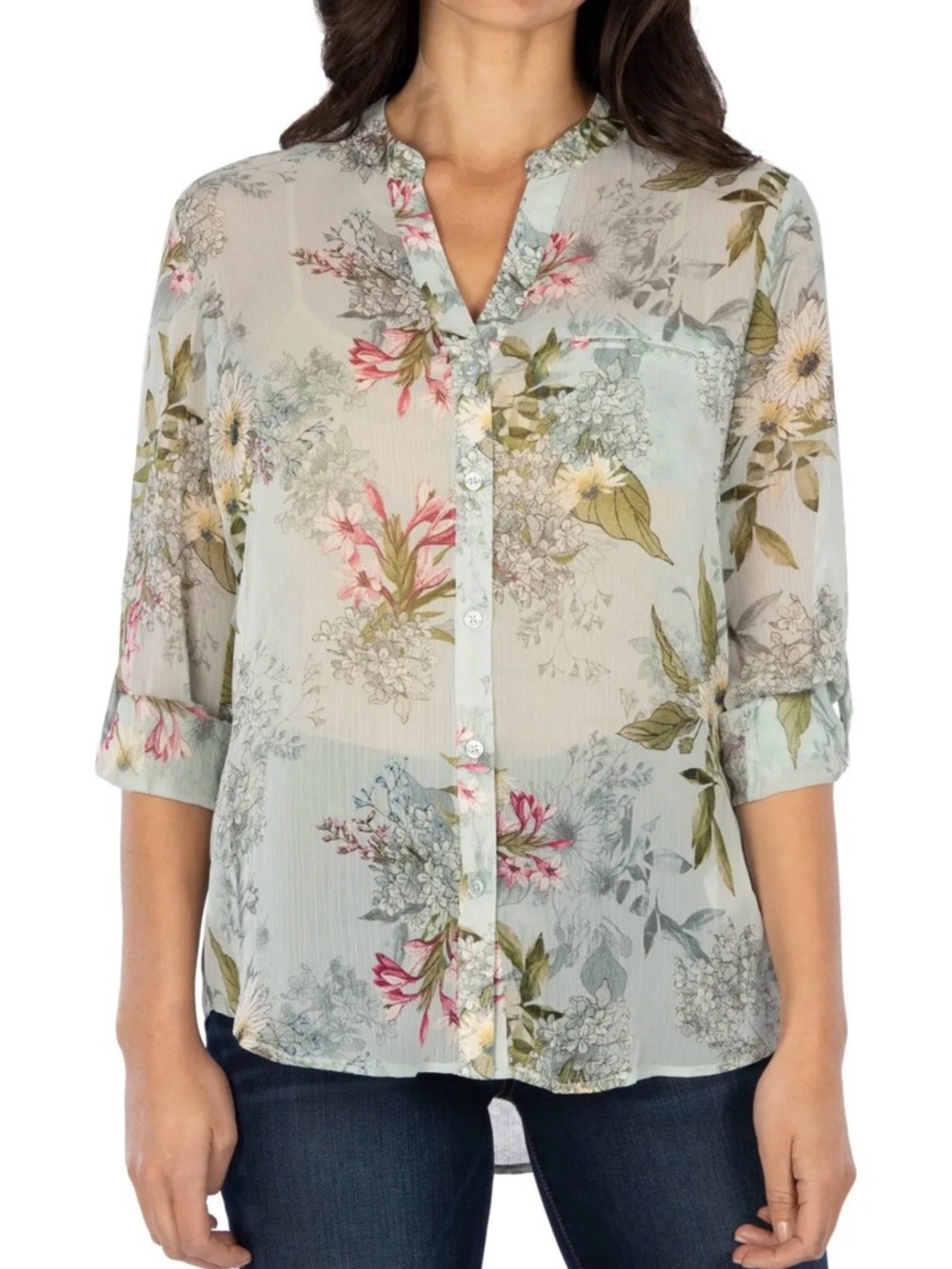 NWOT KUT FROM THE KLOTH Jasmine Chiffon L Floral Button Up Blouse roll sleeve